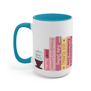 Romance Tropes 3.0 Bookshelf Bookstack - choose Pink or Blue Accent Color: Two-Tone Coffee Mug, 15oz, Microwave & Dishwasher Safe! Light Blue