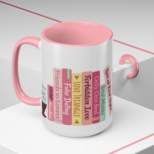Romance Tropes 3.0 Bookshelf Bookstack - choose Pink or Blue Accent Color: Two-Tone Coffee Mug, 15oz, Microwave & Dishwasher Safe! image 5