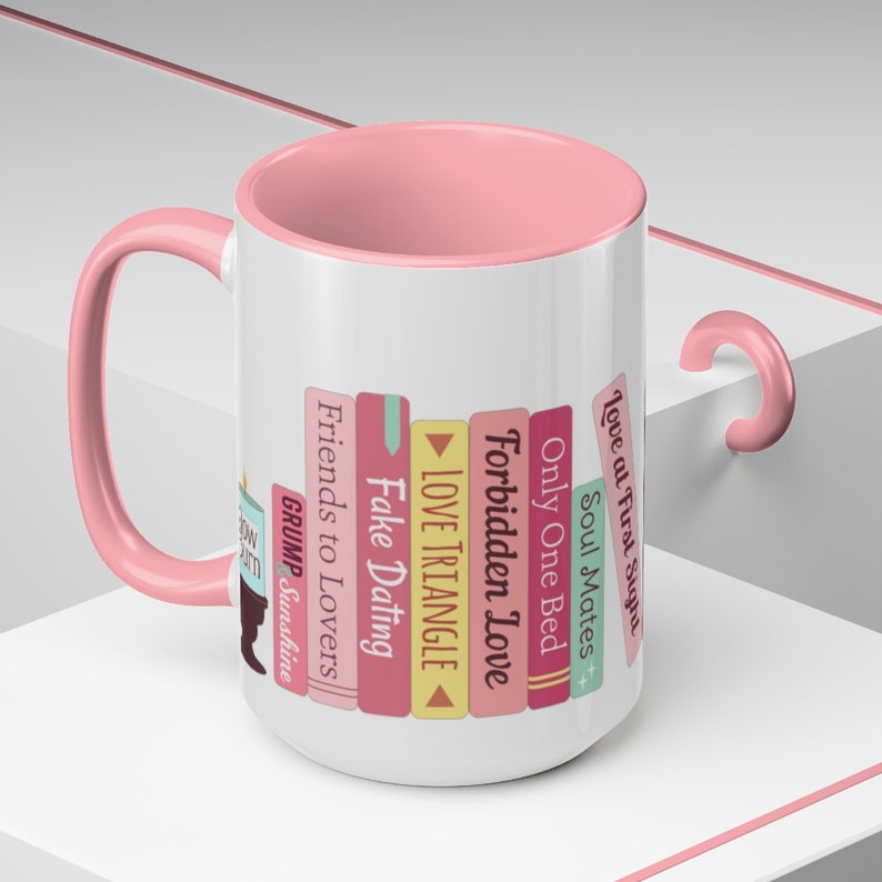 Romance Tropes 3.0 Bookshelf Bookstack - choose Pink or Blue Accent Color: Two-Tone Coffee Mug, 15oz, Microwave & Dishwasher Safe! image 5