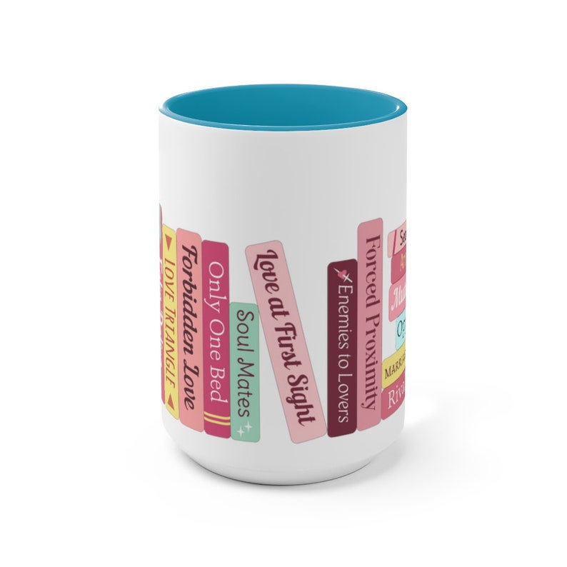 Romance Tropes 3.0 Bookshelf Bookstack - choose Pink or Blue Accent Color: Two-Tone Coffee Mug, 15oz, Microwave & Dishwasher Safe! image 7