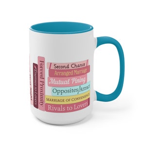 Romance Tropes 3.0 Bookshelf Bookstack - choose Pink or Blue Accent Color: Two-Tone Coffee Mug, 15oz, Microwave & Dishwasher Safe! image 8