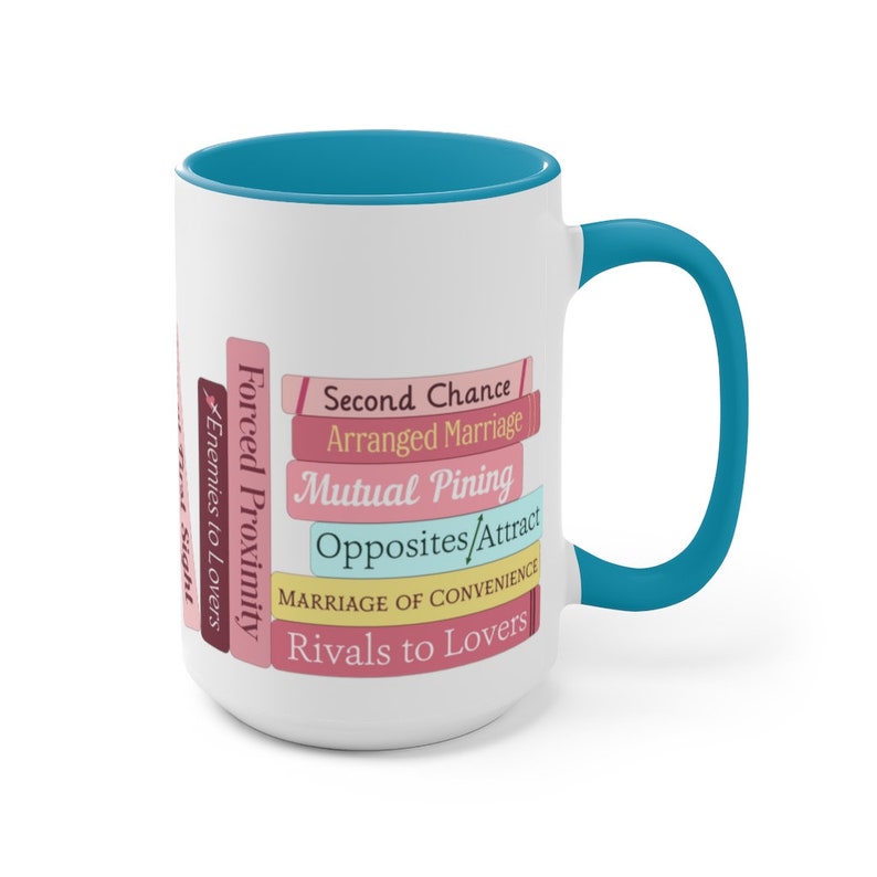 Romance Tropes 3.0 Bookshelf Bookstack - choose Pink or Blue Accent Color: Two-Tone Coffee Mug, 15oz, Microwave & Dishwasher Safe! image 8