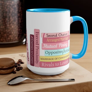 Romance Tropes 3.0 Bookshelf Bookstack - choose Pink or Blue Accent Color: Two-Tone Coffee Mug, 15oz, Microwave & Dishwasher Safe! image 9