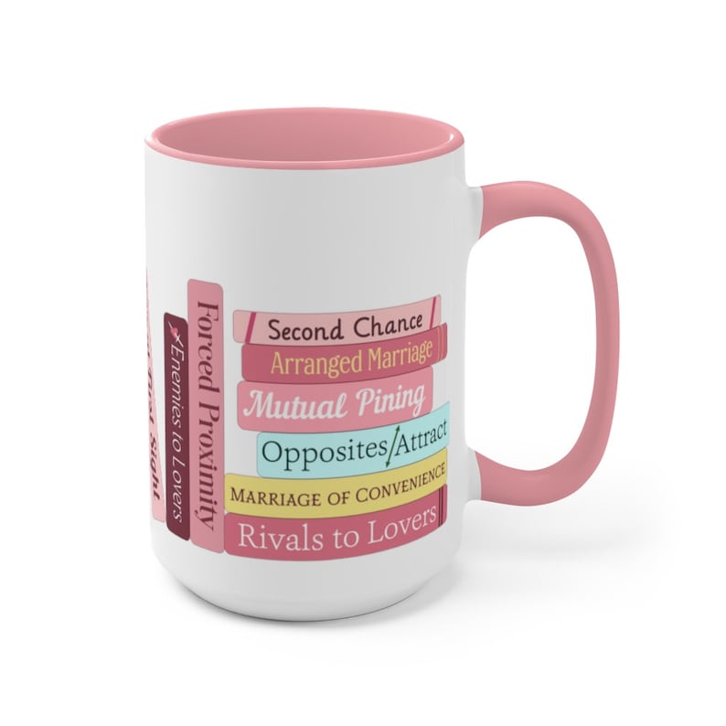 Romance Tropes 3.0 Bookshelf Bookstack - choose Pink or Blue Accent Color: Two-Tone Coffee Mug, 15oz, Microwave & Dishwasher Safe! Pink
