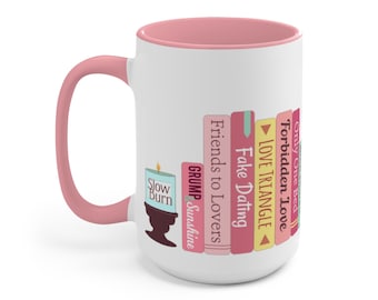 Romance Tropes 3.0 Bookshelf Bookstack - choose Pink or Blue Accent Color: Two-Tone Coffee Mug, 15oz, Microwave & Dishwasher Safe!