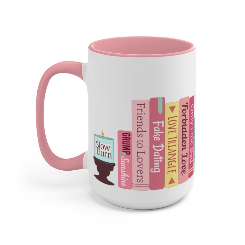 Romance Tropes 3.0 Bookshelf Bookstack - choose Pink or Blue Accent Color: Two-Tone Coffee Mug, 15oz, Microwave & Dishwasher Safe! image 1