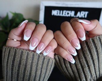 photo French Manicure Coffin Shape french tip nails etsy