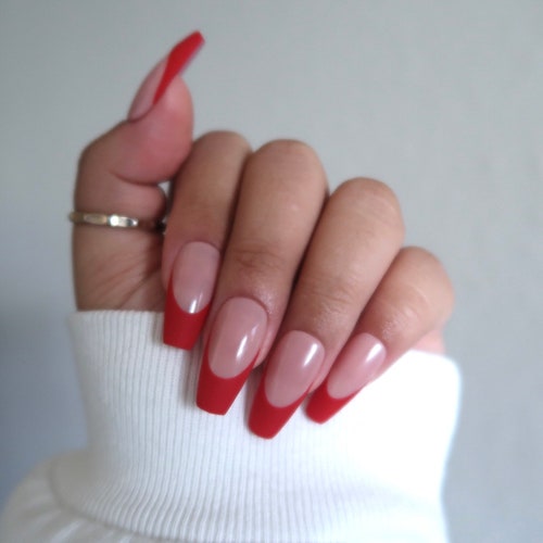 Red French Tips Luxe Press On Nails Shape Length Medium Etsy Norway