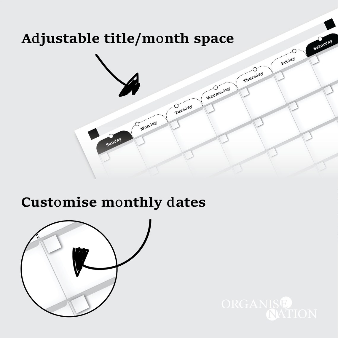 Minimal B/W Black and White Themed Fillable Calendar, Printable PDF