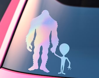 Sticker en vinyle Bigfoot & Alien se tenant la main - Sticker OVNI Sasquatch pour voiture, camion, ordinateur portable - Cadeau cryptide pour les croyants
