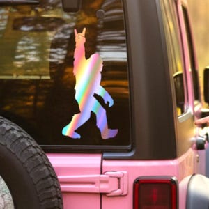 Bigfoot Rock On Vinyl Decal Sticker – Funny Sasquatch Car Sticker, Holographic Bigfoot Gift for Cryptid Fans