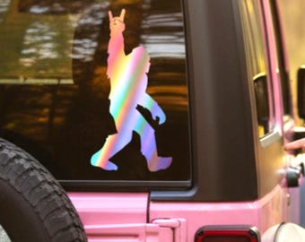 Bigfoot Rock On Vinyl Decal Sticker – Funny Sasquatch Car Sticker, Holographic Bigfoot Gift for Cryptid Fans