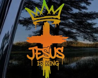 Jesus is King Car Decal – Crown and Cross Drip Vinyl Sticker for Trucks, Windows & Bumpers, Christian Faith Accessory