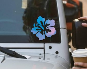 Décalcomanie en vinyle fleur d'hibiscus • Autocollant tropical pour voiture • Décalcomanie fleur holographique pour véhicule tout-terrain, voiturette de golf, ordinateur portable, tasse