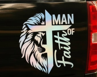 Sticker croix lion homme de foi - Sticker voiture chrétienne en vinyle opale holographique, cadeau religieux pour lui, accessoire gobelet YETI
