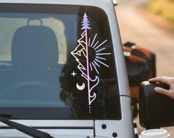 Mountain Sun Moon Decal • Vertical Nature Symbol Sticker • Holographic Car & Tumbler Vinyl