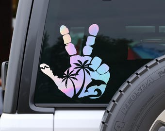 Décalcomanie pour la main vague tropicale • Sticker dauphin palmiers • Vinyle pour fenêtre propriétaires de véhicules tout-terrain plage
