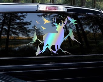 Décalcomanie holographique cerf et montagne - Sticker en vinyle Buck, Eagle Pines pour camion, tasse, équipement - Cadeau de chasseur, Outdoors USA Pride