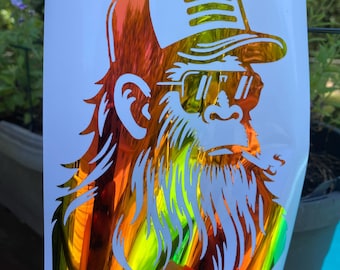 Bigfoot Mullet Trucker Hat Cigarette Holographic Car Decal - Funny Sarcastic Bigfoot Gift