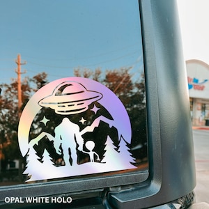 Bigfoot alien vinyl decal sticker for car UFO Bigfoot  holographic sticker alien bigfoot gift lover gift Bigfoot and alien holding hands