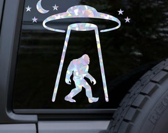 Holographic Bigfoot Abduction Car Decal – Funny Alien Sasquatch Sticker