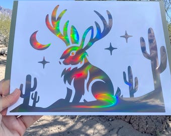 Jackalope Vinyl Decal Sticker – Cryptid Truck Sticker in Desert Scene • Holographic or Matte Car Decal