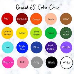 May include: Color chart for Oracal 651 vinyl, showing 16 different colors in circles. The colors are: red, burgundy, orange, peach, brown, golden yellow, yellow, lime green, green, dark green, teal, bright blue, blue, dark purple, purple, magenta, pink, grey, black, and white.