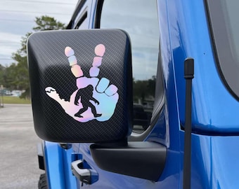 Hand Wave Side Mirror Holographic Bigfoot Peace Sign Decal - Car, Yeti Mug Sticker