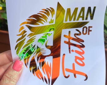 MAN OF Faith Lion Cross Decal – Christian Car Sticker in Holographic Opal Vinyl, Religious Gift for Him, YETI Tumbler Accessory