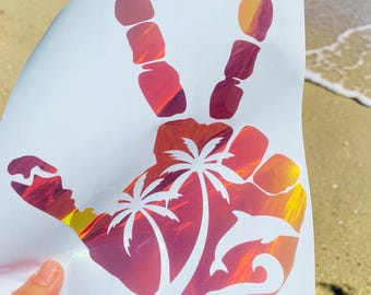 Décalcomanie à main vague tropicale • Sticker dauphin palmiers • Décalcomanie en vinyle pour fenêtre, véhicule tout-terrain de plage, miroir latéral