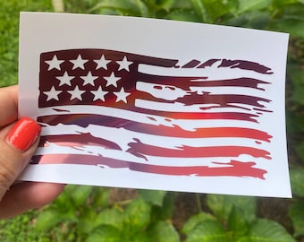 Distressed American Flag Decal • Patriotic USA Vinyl Sticker • Weathered Flag Car Window Decal • Truck Tailgate Sticker • Holographic