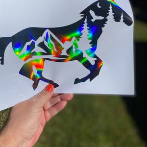 wild horse vinyl decal sticker, horse mountain scene car decal, holographic horse sticker, horse wild and free car decal, mountain decal