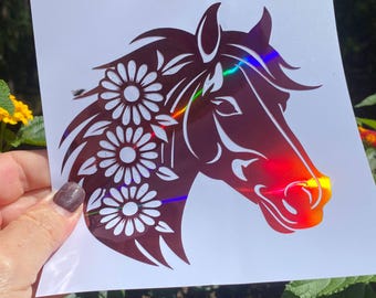 Sticker vinyle cheval et tournesols • Sticker holographique fleur cheval • Sticker voiture cow-girl western • Sticker coupe ordinateur portable équestre
