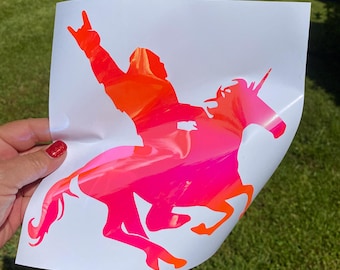 Holographic Bigfoot Riding Unicorn Vinyl Decal - Rock On Sign