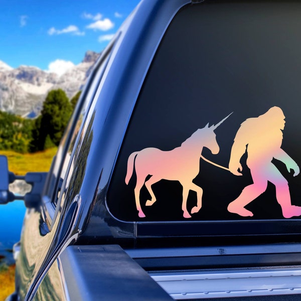 Bigfoot and unicorn car decal, bigfoot and unicorn sticker, bigfoot decal, bigfoot sticker, holographic bigfoot car decal