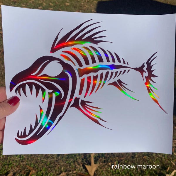 Fishing Skeleton Car Decal – Aggressive Fish Sticker for Anglers, Dads, and Sea Lovers – Holographic Vinyl