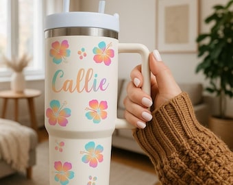 Stanley Cup Stickers, hibiscus decals, Stanley Accessories, Tumbler Sticker, Water Bottle Stickers, holographic heart stickers, hibiscus