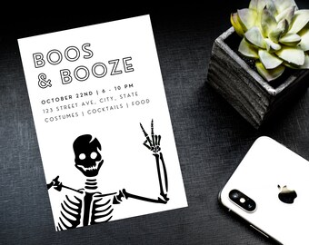 Printable Adult Halloween Party Invitation Template, Boos + Booze Halloween Invite, Editable Halloween Party Invite, Instant Download