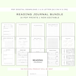 Puede incluir: Un paquete de diario de lectura digital que contiene 16 impresiones PDF no editables. La colección presenta plantillas en blanco y negro para reseñas de libros, registros de lectura, listas de deseos, mapas de historias y páginas de resumen.