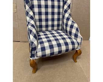 Tender Art Collection Miniature Wingback Chair Blue Gingham Check Doll Decor