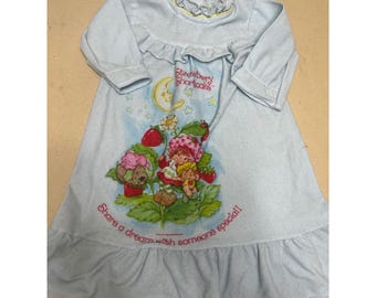 Vintage Strawberry Shortcake Nightgown Blue Ruffle Long Sleeve 1980s  3-6M