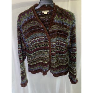 Women&#39;s Large ORVIS Vintage Striped Knit Multicolor Cardigan Sweater Made USA