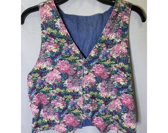 Women's Small Vintage 90s Reversible Blue Jean Floral Artsy Abstract Vest