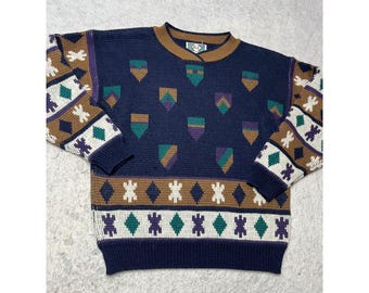 Jersey de punto acrílico para hombre Vintage East 62, azul marino, estampado tribal geométrico, talla S