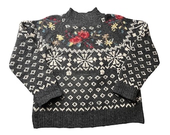 Rosanna Hand Knit 100% Wool Shetland Floral Fair Isle Mock Neck Sweater M VTG
