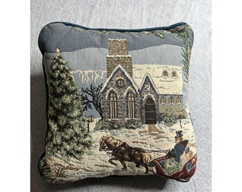 Tapestry Christmas Pillow Winter Scene Church Horse Sleigh Decorative accent
