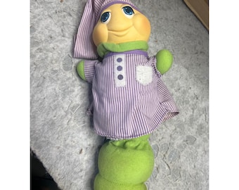 Vintage Playskool Glo Worm Plush Green Purple Striped Pajamas 1980s Retro Toy