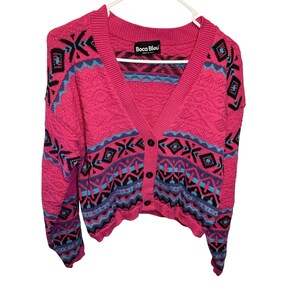 Cárdigan de punto rosa con botones para mujer, talla pequeña, años 80 y 90, diseño geométrico, retro, divertido y único