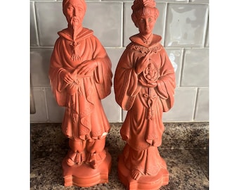Vintage Holland Mold Chinese Emperor Empress Ceramic Figurines Terracotta Orange