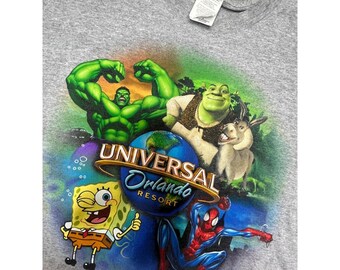 Universal Orlando Resort T Shirt Mens L Y2K Gray Shrek Spider-Man SpongeBob Hulk